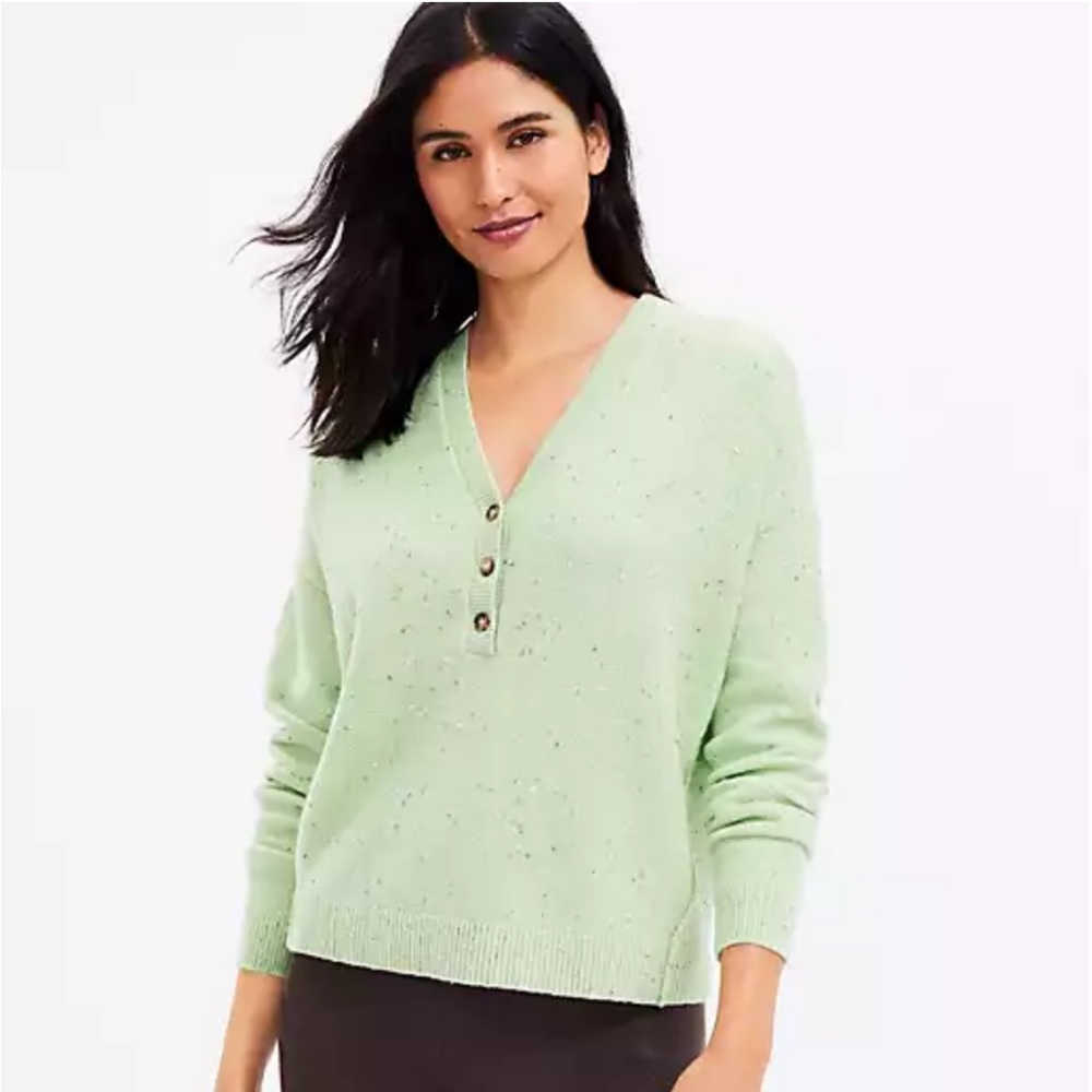 NWT! Lou & Grey Flecked Henley Buttoned Sweater in Mint Green Size XL